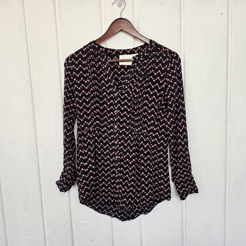 Anthropologie Maeve Linden Burgundy Polka Dot Dolman Sleeve Navy Blouse Size XS